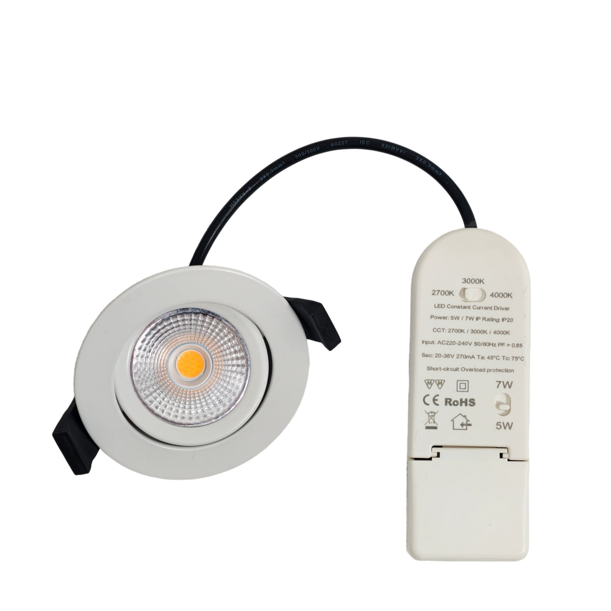 Blaze 68 COB-B white LED downlight, angled front view showing the adjustable lens, black mounting clips and external driver.