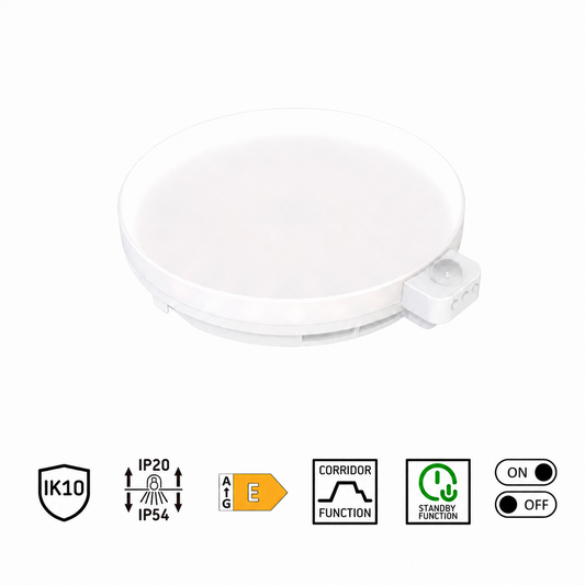 Moon Nova 280 white round LED ceiling light with a frosted diffuser and side-mounted sensor module, shown from an angle.