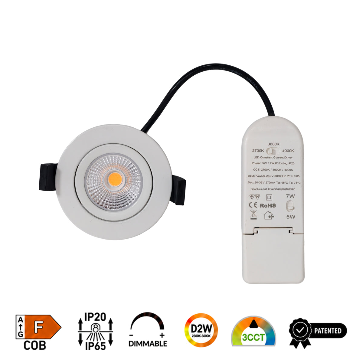 Blaze 68 COB-B white adjustable LED downlight, front view with recessed lens, black mounting clips and external driver.