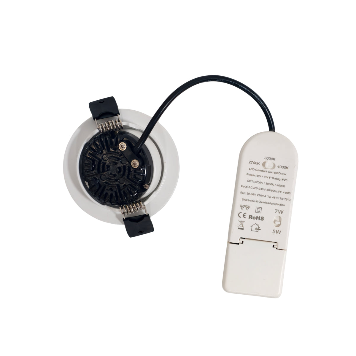 Blaze 68 COB-B LED downlight, rear view showing the black heat sink, spring clips and external driver with colour-temperature selector.