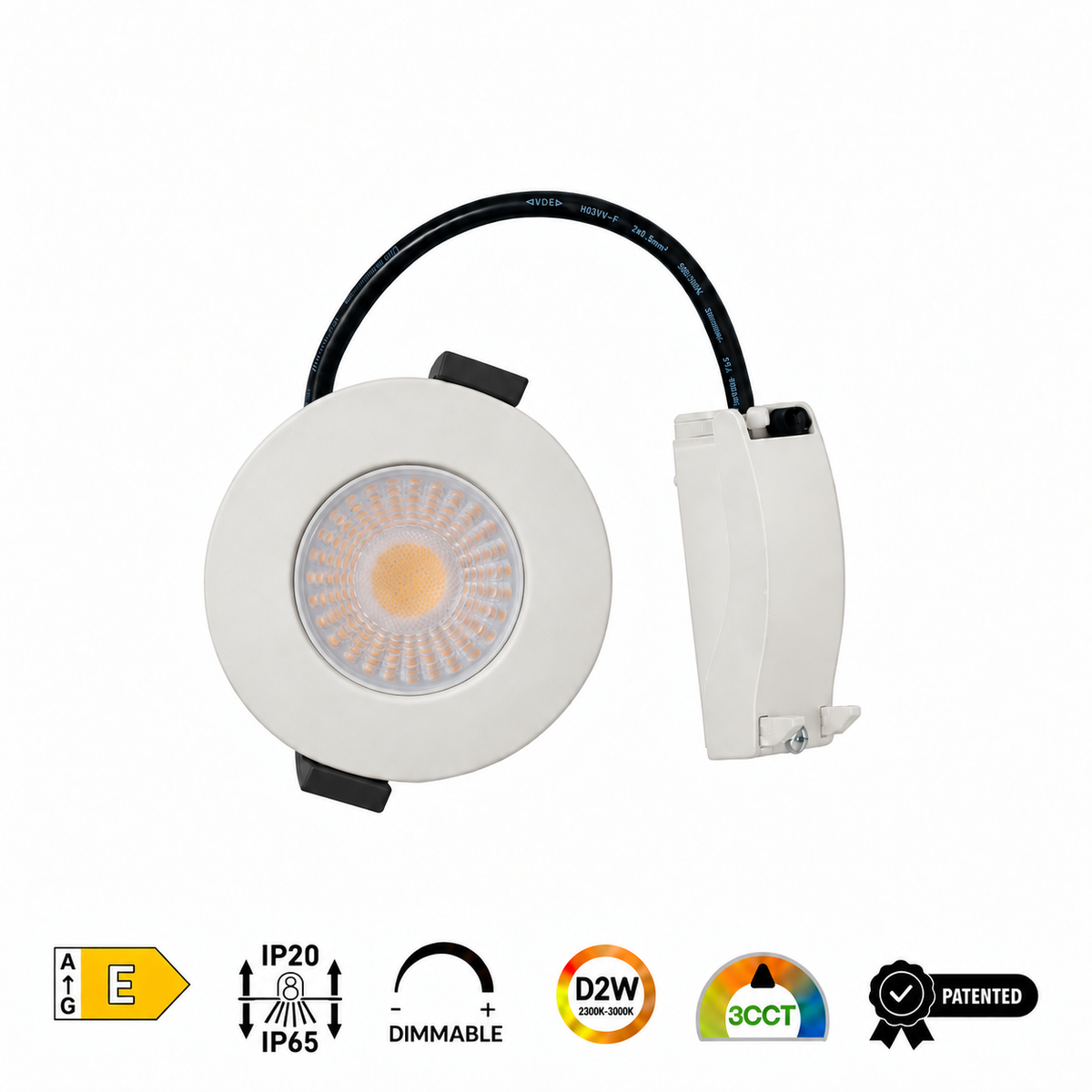 Klar white recessed LED downlight, front view showing the lens, black mounting clips and connected housing.