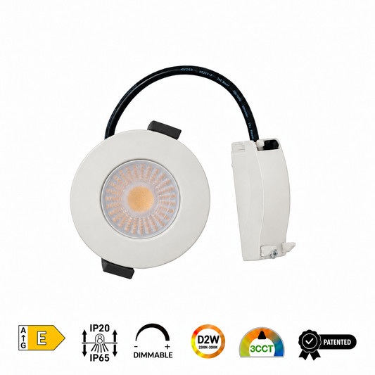 Klar white recessed LED downlight, front view showing the lens, black mounting clips and connected housing.