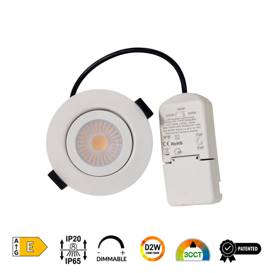 Orbit 360 SMD white adjustable LED downlight, front view showing the circular lens, black mounting clips and external driver.