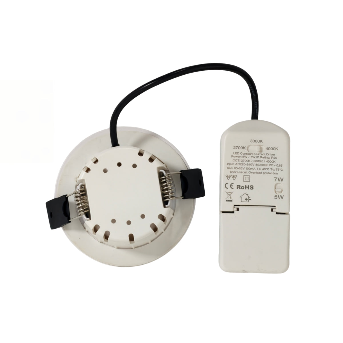 Orbit 360 SMD LED downlight, rear view showing the ventilated white housing, spring clips with black caps and external driver.
