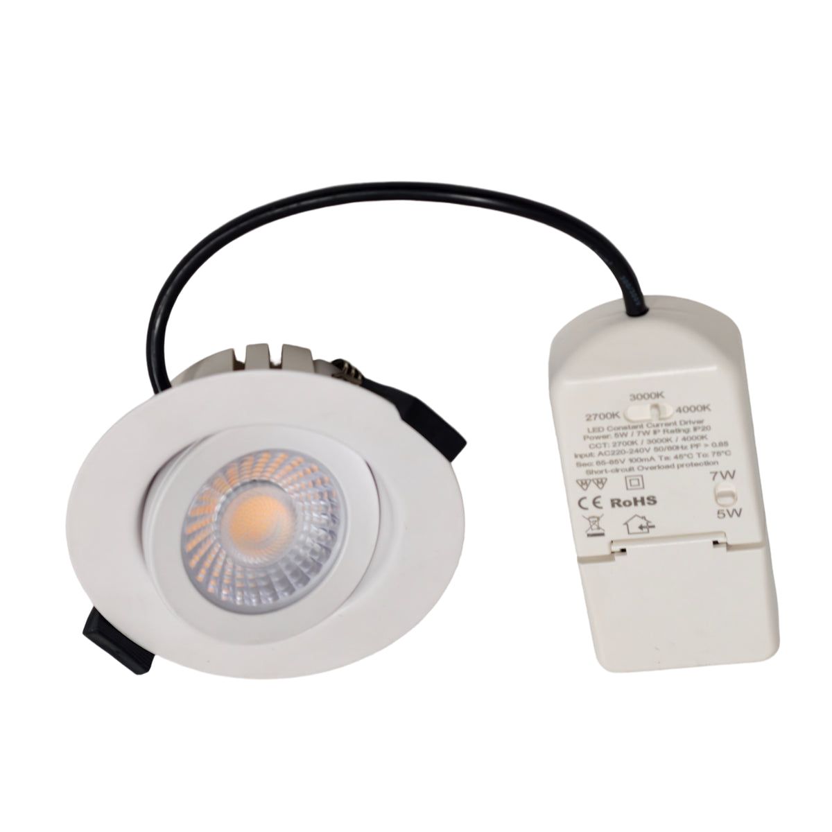 Orbit 360 SMD white LED downlight, angled view showing the tilting inner lens, mounting clips and external driver.