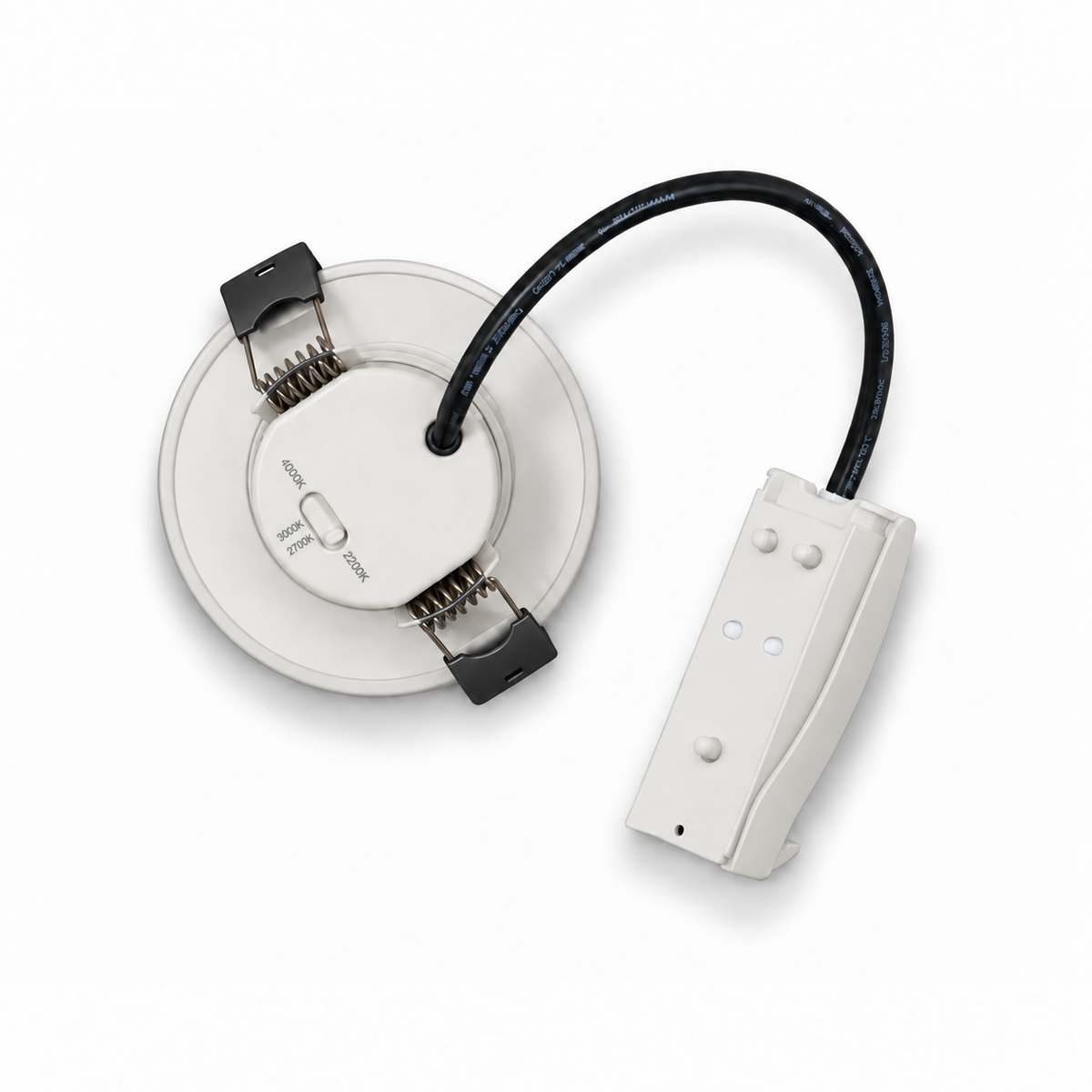 Klar white LED downlight, rear view showing the colour-temperature selector, spring clips with black caps and connecting cable.
